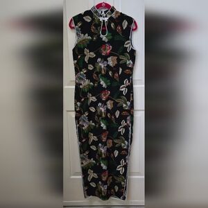 Asian Korean Chinese Long Sleeveless Black Floral Dress-Vintage Size 6
